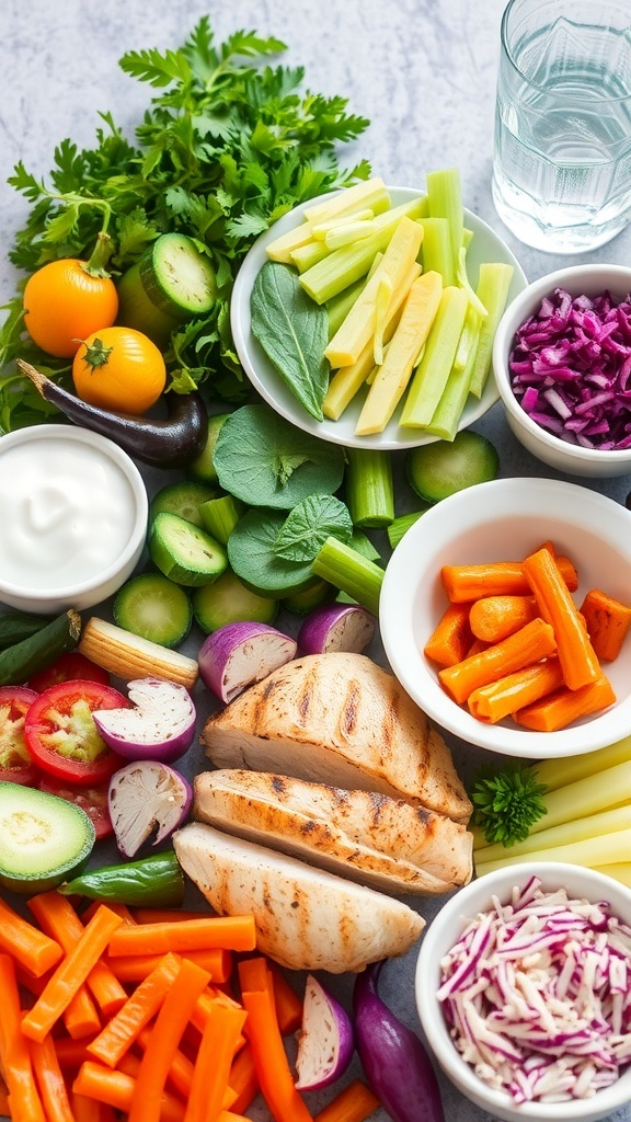 A healthy meal layout with vegetables, lean proteins, and fermented foods for a yeast overgrowth diet.